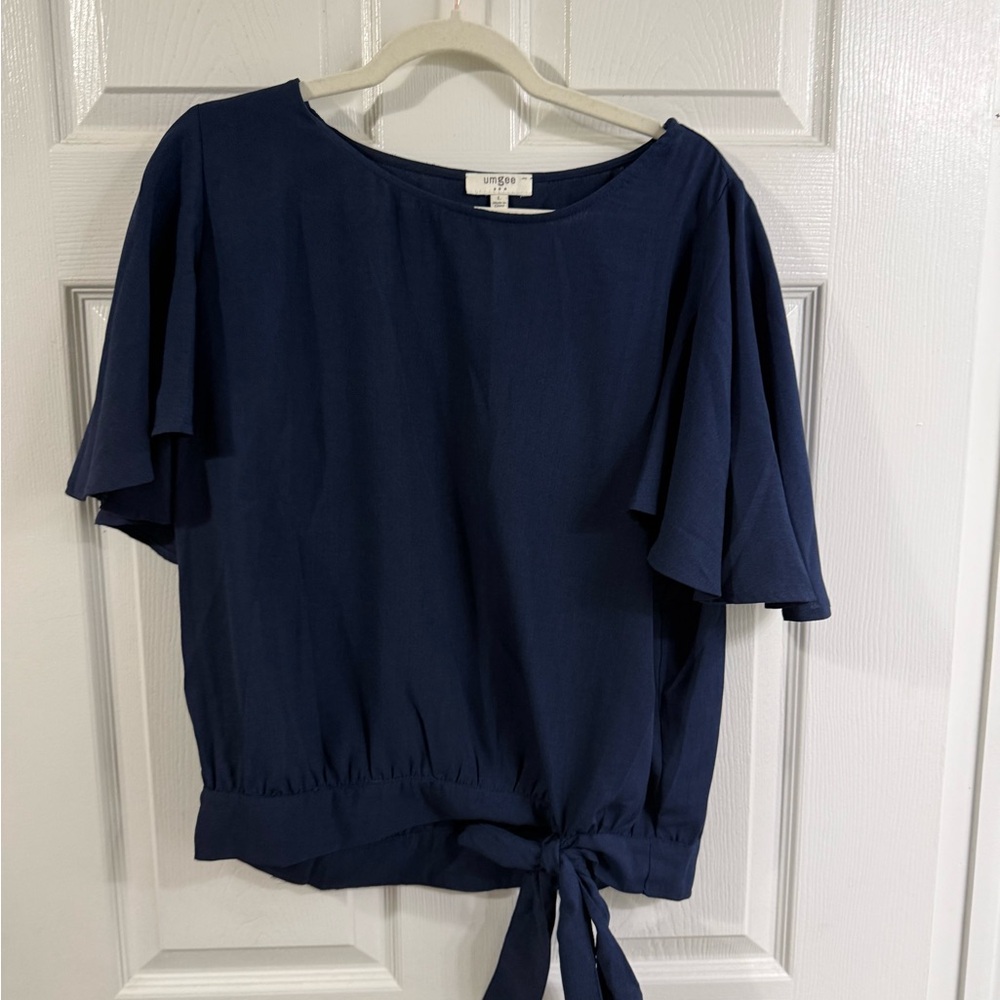 Umgee Navy Blue Blouse with Tie Hem